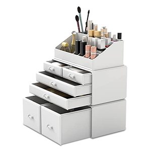 lot 8699 image: READAEER Makeup Organizer 3 Pieces Cosmetic Storage Case with 6 Drawers (White)
