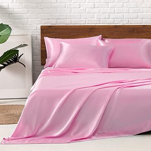 lot 8711 image: MR&HM Satin Bed Sheets, Queen Size Sheets Set, 6 Pcs Silky Bedding Set with 15 Inches Deep Pocket for Mattress(Queen, Pink)