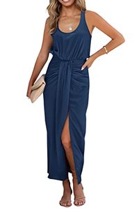 lot 8714 image: PRETTYGARDEN Womens Satin Midi Bodycon Dress 2023 Summer Sleeveless Twist Front Slit Wrap Tank Dresses (Dark Blue,Small)