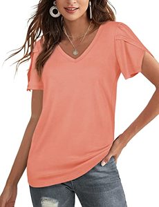 lot 8719 image: Womens Tshirts Short Sleeve Vneck Basic Summer Spring Tops 2022 Coral L