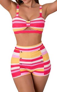 lot 8724 image: B2prity High Waisted Two Piece Bathing Suit for Women Ladies Swimsuit Vintage Swimwear Bikini with Boy Short Brazilian