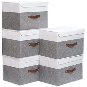 lot 8725 image: Yawinhe Collapsible Storage Boxes 5 Pack, Linen Fabric Storage Baskets Washable, with Lids and Leather Handle, for Home Bedroom Closet Office, (WhiteGrey, 17.7x11.8x11.8in), USNK024WGX-5