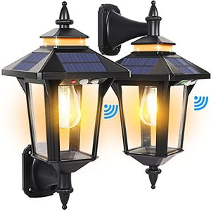 lot 8728 image: Kuniwa Motion Sensor Solar Wall Lights Outdoor with 3 Modes, Dusk to Dawn LED Wall Lantern Waterproof Front Porch Sconce Exterior for Patio Garage Garden Barn Yard House, 2 Types of Wall Mount, 2 Pack