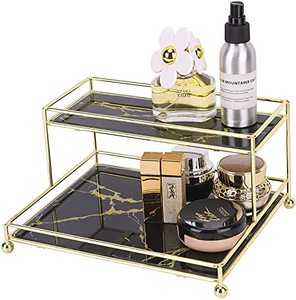 lot 8748 image: Z PLINRISE Makeup Organizer, 2-Tier Glass Vanity Tray for Perfume, Makeup and Toiletries, Wire Bathroom Cosmetic Shelf for Dresser, Countertop and More
