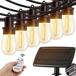 lot 8751 image: KYY 54FT(486) Solar String Lights Outdoor with USB Port Remote Control, LED Waterproof Solar Powered Patio Lights with Vintage Edison Bulbs, Heavy-Duty and UL Listed Porch Market Lights
