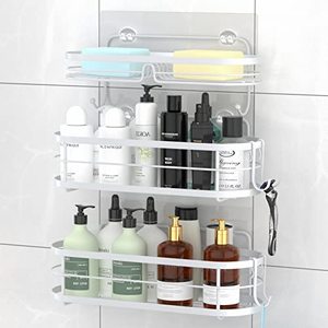 lot 8762 image: STEUGO Shower Caddy,3 Pack Stainless Steel Shower Organizer for Bathroom Accessories,Self Adhesive Shower Shelves with 4 Removable Hooks(White)