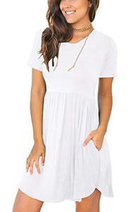 lot 8771 image: LONGYUAN Womens Short Sleeve Casual Dress Stretch Loose Swing Sundress with Pockets White X-Small