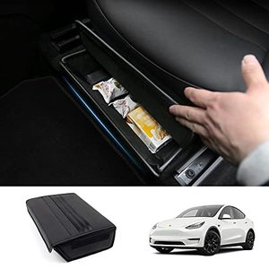 lot 8773 image: Autorder Custom Fit for Under Seat Storage Box Organizer Tesla Model Y 2020 2021 2022 2023 Accessories Underseat Leather Folding Box Insert Tray Passenger Seat Drawer
