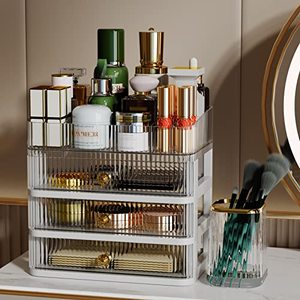 lot 8775 image: AZeeKMon Makeup Organizer with 3 Drawers and Brush Holder, Cosmetics Organizer for Bedroom and Bathroom Vanity Countertops, Desk Organizers and Storage for Lotion,Perfume,Skincare,Lipstick
