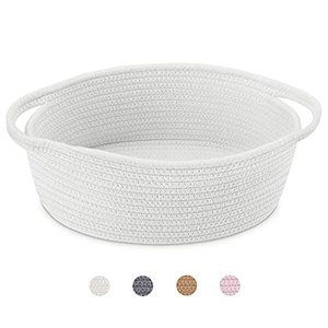 lot 8777 image: ABenkle Cute Small Woven Basket with Handles, 12x 8 x 5 Rope Room Shelf Storage Basket Chest Box for Cat and Dog Toys, Empty Decorative Gift - White