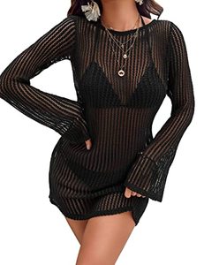 lot 8786 image: Blooming Jelly Womens Swimsuit Coverup Crochet Bikini Cover Ups Hollow Out Net Longsleeve Swimwear for BeachMBlack