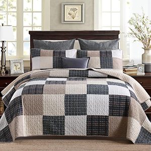 lot 9013 image: PERHOM Cotton King Size Quilt - 100% Cotton Quilt Bedding Set King Size, Real Patchwork Farmhouse Bedspreads, Lightweight Soft Reversible King QuiltCoverletComforter Sets for All Season, 3 Pieces