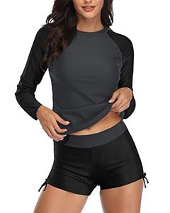 lot 9019 image: Aqua Eve Women Two Piece Rash Guard Long Sleeve Swimsuit Swim Shirt with Shorts Modest Bathing Suit UPF 50 Black L