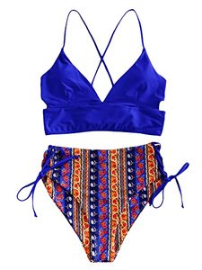 lot 9020 image: ZAFUL Womens Boho Mix and Match Swimwear Two Piece Bikini with High Waisted Bathing Suits(4-Cobalt Blue-Boho,L)