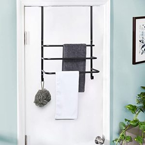 lot 9022 image: Over The Door Towel Rack with Hooks, 3-Tier Bathroom Back of Door Towel Bar, Black Shower Door Towel Hanger Holder, Door Blanket Holder for Clothes