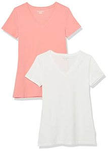 lot 9028 image: Amazon Essentials Womens Classic-Fit Short-Sleeve V-Neck T-Shirt, Pack of 2, PeachWhite, Medium