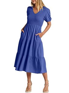 lot 9032 image: ANRABESS Womens V Neck Summer Puff Short Sleeve Smocked Tiered Swing A Line Pleated Beach Midi Dress with Pockets 524Baolan-XL Blue