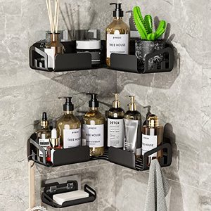 lot 9033 image: YASONIC Corner Shower Caddy, 3-Pack Adhesive Shower Caddy with Soap Holder and 4 Hooks, Rustproof Stainless Steel Bathroom Shower Organizer, No Drilling Wall Mounted Shower Rack, for Bathroom, Black