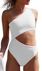 lot 9041 image: Womens One Piece Ribbed Swimsuit One Shoulder Cutout Swimwear Sexy Bathing Suit White