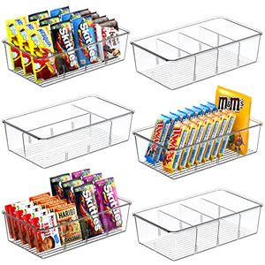lot 9048 image: 6 Pack Food Storage Organizer Bins, Clear Plastic Pantry Organizer with Removable Dividers, Pantry Organization and Storage, Fridge Organizer, Cabinet Organizers, for Packets, Snacks, Spice Packets