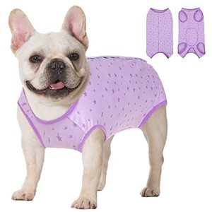 lot 9065 image: KOESON Recovery Suit for Female Dogs, Dog Recovery Suit After Spay Abdominal Wounds Protector, Bandages Cone E-Collar Alternative Surgical Onesie Anti Licking Purple Stars S