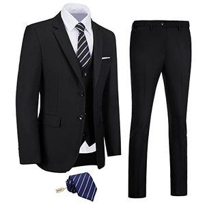lot 9067 image: Men Suits Slim Fit Black Business Wedding 3 Piece Tux Groomsmen Prom Blazer Jacket Vest Pants with Tie Men Suit Set XL