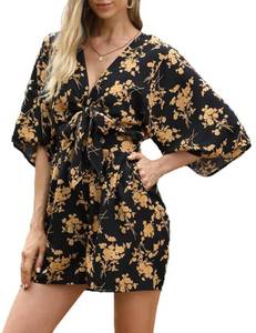 lot 9073 image: MISSKY Floral Rompers for Women Beach Romper Ruffle Hem Half Flared Sleeve Jumpsuits Waist Tie Casual Short Rompers(Black, x-large)