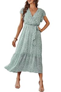 lot 9089 image: PRETTYGARDEN Womens 2023 Floral Summer Dress Wrap V Neck Short Sleeve Belted Ruffle Hem A-Line Bohemian Maxi Dresses (Green_01,Small)