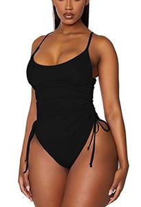 lot 9092 image: Viottiset Womens Ruched High Cut One Piece Swimsuit Tummy Control Cheeky Bathing Suit Black Large