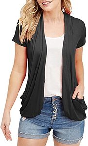 lot 9098 image: Womens Cardigans Short Sleeve Summer Lightweight Sheer Open Front Drape Casual Blouses Tops Black