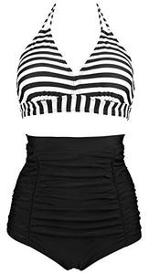 lot 9099 image: COCOSHIP Black & White Stripe Womens V Neck Sport Top Halter Retro High Waist Bikini Set Ruched Bathing Cruise Swimsuit XXL(US12)
