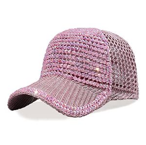lot 9104 image: Women Men Studded Rhinestone Crystals Adjustable Ponytail Mesh Baseball Cap Shiny Bling Casual Sports Cap Breathable Sun Hat (B-Pink)