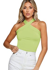 lot 9112 image: Floerns Womens Solid Criss Cross Halter Sleeveless Tee Shirt Top Lime Green S