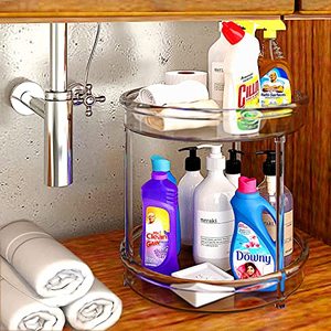 lot 9114 image: Acrylic Lazy Susan Organizer, 2 Tier Turntable for Cabinet,10.5 Inch Cleaning Supplies Organizer for Fridge Bathroom Sink Under and Storage Cabinets Kitchen Easy to Install or Separate