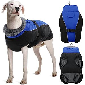 lot 9115 image: DENTRUN Winter Warm Dog Coat Windproof Cozy Dog Jacket Cold Weather Thick Fleece Vest Water Repellent Apparel with HarnessLeash Hole & Reflective for Outdoor Small Medium Large Dogs, has a couple rips