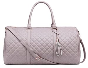 lot 9132 image: Womens Quilted Leather Weekender Travel Duffel Bag With Rose Gold Hardware - Large 22 Size Duffle - Cute Satin Inner Lining - Dusty Pink