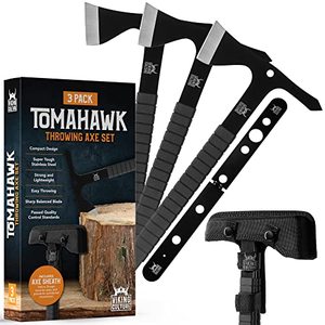 lot 9139 image: Tomahawk Throwing Axe - Set of 3 Throwing Axes and Tomahawks with Tactical Hatchet Sheath and Target Stencil - 11.1 Full Tang Metal Throwing Tomahawk, Axe Throwing Game