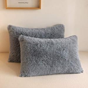 lot 9145 image: XeGe Faux Fur Throw Pillow Cases, Plush Shaggy Ultra Soft Pillow Covers, Fluffy Crystal Velvet Decorative Pillowcases, Furry Fuzzy Pillow Shams Zipper Closure, Set of 2 (Standard, Light Gray)