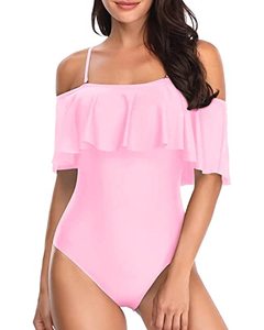 lot 9168 image: Tempt Me Womens Pink Off Shoulder One Piece Swimsuits Flounce Ruffle Bathing Suits XL