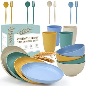 lot 9172 image: Wheat Straw Dinnerware Sets - 20PCS, POTENTCERA Microwave Dishwasher Safe Camping Plates Cups and Bowls Sets, Reusable Lightweight Unbreakable Dinnerware Sets for Toddler (Beige Yellow Blue Green)