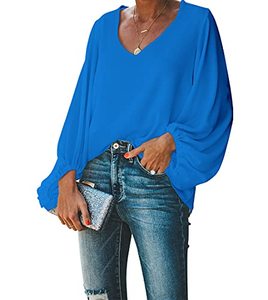 lot 9177 image: BELONGSCI Womens Casual Sweet & Cute Loose Shirt Balloon Sleeve V-Neck Blouse Top Blue