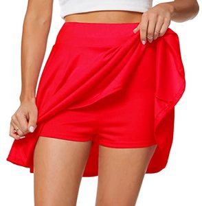 lot 9193 image: Afibi Womens Casual Basic Versatile Flared Pleated Mini Skater Skirt with Shorts (XX-Large, Red)