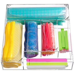 lot 9196 image: Ziplock Bag Storage Organizer Acrylic Brightroom Drawer Storage Upgraded Design Gallon Quart Sandwich Snack Fit Ziploc & All Food Bags Brands, Clear Plastic Kitchen Baggie Dispenser, 6 Clips Included