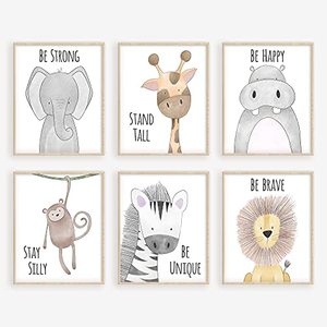 lot 9198 image: W.O.W.A - Jungle Safari Nursery Decor Set - Adorable Baby Room Wall Art with Cute Jungle Animals (8x10, UNFRAMED)