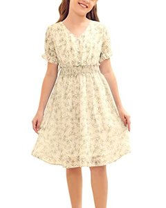 lot 9200 image: Flowyair Girls Summer Floral Dress Kids Casual Short Puff Sleeve Flowy Party Dresses V Neck A Line Midi Sundress White