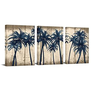 lot 9204 image: RyounoArt 3 Piece Palm Tree Wall Art Canvas Navy Blue Tree Painting Pictures Rustic Tropical Beach Artwork for Living Room Dining Room Bedroom Wall Decor Ready to Hang