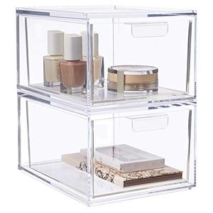 lot 9213 image: STORi Audrey Stackable Clear Bin Plastic Organizer Drawers  2 Piece Set  Organize Cosmetics and Beauty Supplies on a Vanity  Made in USA