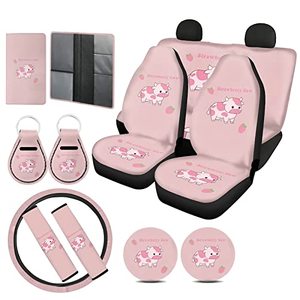 lot 9220 image: Ystardream Pink Strawberry Cow Car Seat Covers for Women Car Accessories with Steering Wheel Cover  Shoulder Belt Pads  Cup Holder Coasters  Key ChainsCar Registration Holder for Glove Box