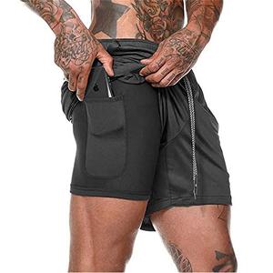 lot 9221 image: Men�s 2 in 1 Running Shorts with Pockets Quick Dry Breathable Active Gym Workout Shorts, Breathable Double Layer Running Gym Pants with Built-in Pocket (L) Black