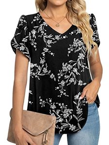 lot 9222 image: TAOHUADAO Womens 2023 Summer Casual T-Shirts V Neck Petal Short Sleeve Chiffon Tops Loose Comfy Blouse 3X-Large, Black White Flower